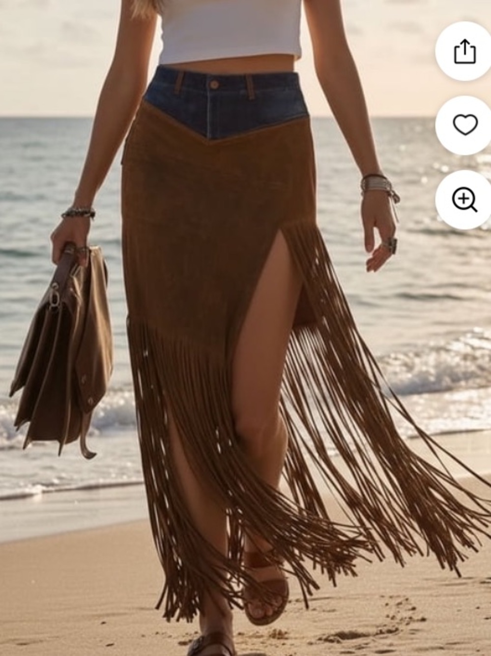 Brown Faux Suede Fringe Maxi Skirt with Denim Waist
